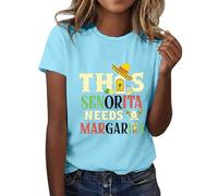 Camiseta mexicana para mujer, manga corta, blusa con estampado de letras Senorita Margaria, ligera, suave, para verano, camiseta de capas para mujer, azul claro, 3XL