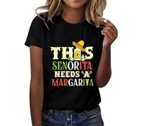 Camiseta mexicana para mujer, manga corta, blusa con estampado de letras Senorita Margaria, ligera, suave, para verano, camiseta de capas para mujer, Negro, S