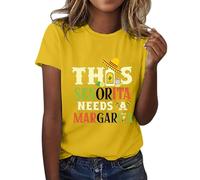 Camiseta mexicana para mujer, manga corta, blusa con estampado de letras Senorita Margaria, ligera, suave, para verano, camiseta de capas para mujer, amarillo, 3XL