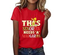 Camiseta mexicana para mujer, manga corta, blusa con estampado de letras Senorita Margaria, ligera, suave, para verano, camiseta de capas para mujer, rosso, 3XL
