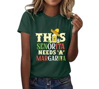 Camiseta mexicana para mujer, manga corta, blusa con estampado de letras Senorita Margaria, ligera, suave, para verano, camiseta de capas para mujer, verde, L