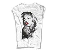 Camiseta Mujer Blanca Marilyn Monroe Tatuada - Marilyn Línea Colección - Algodón Flameado (Slub) 150 Gr/Mq (M, Blanco)