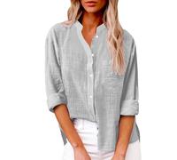 Camiseta Mujer,Blusa de Talla Grande Informal con Cuello levantado y Manga Larga de Color Liso para Mujer, cárdigan de una Botonadura, (Grey, S).