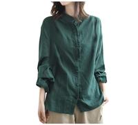Camiseta mujer blusa mujer moda casual primavera verano algodón lino manga larga patchwork ropa con oreja de madera camisa top cárdigan, verde, 3XL