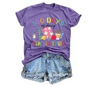 Camiseta Mujer, Camiseta Estampado Cuello Redondo | Corte Recto Manga Corta, Texto 100 Days of y Doing Teacher Cosas, Iconos Insignia, Cuaderno, Lápices, Vaso | Estilo Escolar, Profesor, Diario, #01