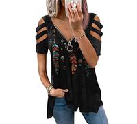 Camiseta Mujer Camisetas Manga Corta Anchas Amplias Personalizadas Mujer Tallas Grandes Camiseta Cremallera Manga Corta Cuello Pico Oversize Mujer Escote V Flores Talla Grande T Shirt Women Negro 3XL