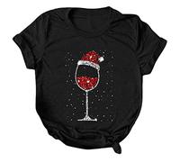 Camiseta Mujer Casual Estampado Navidad Cuello Redondo Manga Corta Camiseta Túnica Blusa Verde Traje Mujer, Negro , S