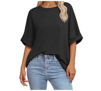 Camiseta Mujer Casual Negra Oversize Camiseta Cómoda y Suave Larga Ropa de Mujer Verano Escote Redondo Básico Elegante Blusa Lisa para El Día a Día Manga Corta Túnica
