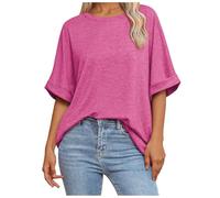 Camiseta Mujer Casual Negra Oversize Camiseta Cómoda y Suave Larga Ropa de Mujer Verano Escote Redondo Básico Elegante Blusa Lisa para El Día a Día Manga Corta Túnica