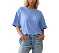 Camiseta Mujer Casual Negra Oversize Camiseta Cómoda y Suave Larga Ropa de Mujer Verano Escote Redondo Básico Elegante Blusa Lisa para El Día a Día Manga Corta Túnica