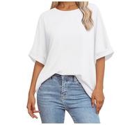 Camiseta Mujer Casual Negra Oversize Camiseta Cómoda y Suave Larga Ropa de Mujer Verano Escote Redondo Básico Elegante Blusa Lisa para El Día a Día Manga Corta Túnica