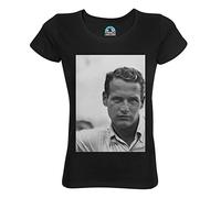 Camiseta Mujer Cuello Redondo Algodón Orgánico Paul Newman Actor Imagen Retro Vintage Rara Celebridad, Negro , M