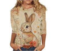 Camiseta Mujer de Manga 3/4 Tallas Grandes Cuello Redondo Camisetas de Primavera Verano Casual T-Shirt Basica Moda Camisa con Impresión de Pascua Suelto Fiesta Original Blusa Festival