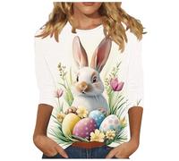Camiseta Mujer de Manga 3/4 Tallas Grandes Cuello Redondo Casual T-Shirt con Impresión de Pascua Camisetas Primavera Verano Moda Sueltos Blusa Tops Original Fiesta Camisa Festival