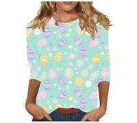 Camiseta Mujer de Manga 3/4 Tallas Grandes Cuello Redondo Casual T-Shirt con Impresión de Pascua Camisetas Primavera Verano Moda Sueltos Blusa Tops Original Fiesta Camisa Festival