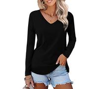 Camiseta Mujer de Manga Corta/Larga con Cuello en V Blusa Originales Elegantes Básicas Tops Casual para Verano Invierno (C-Negro, M)