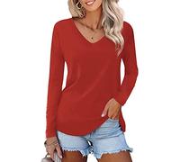 Camiseta Mujer de Manga Corta/Larga con Cuello en V Blusa Originales Elegantes Básicas Tops Casual para Verano Invierno (C-Rojo, M)