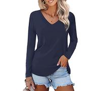 Camiseta Mujer de Manga Corta/Larga con Cuello en V Blusa Originales Elegantes Básicas Tops Casual para Verano Invierno (C-Azul Marino, M)