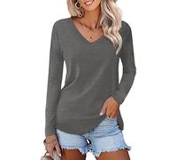 Camiseta Mujer de Manga Corta/Larga con Cuello en V Blusa Originales Elegantes Básicas Tops Casual para Verano Invierno (C-Gris Profundo, M)
