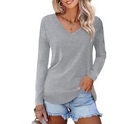 Camiseta Mujer de Manga Corta/Larga con Cuello en V Blusa Originales Elegantes Básicas Tops Casual para Verano Invierno (C-Gris Claro, M)