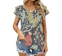Camiseta Mujer Gris Manga Corta con Volantes - Top Granada y Hojas de Acebo Casual Cuello en V Corte Holgado Básico de Verano Transpirable Loose Extragrande Top 5XL