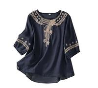 Camiseta Mujer Lino Algodón Manga Corta Camisa Blusa Ligero Verano Moda Casual Suelto Cómodo Bordado Cuello Redondo Tops T-Shirt Elegante Basic tee Transpirable 2025