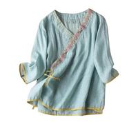 Camiseta Mujer Lino Algodón Manga Corta Camisa Estilo Chino Blusa Ligero Verano Moda Casual Color Sólido Cómodo Suelto Cuello en V Cordón Tops T-Shirt Elegante Basic tee Talla Grande