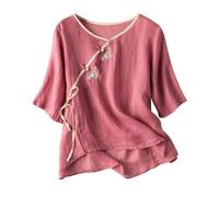 Camiseta Mujer Lino Algodón Manga Corta Camisa Ligero Estilo Chino Verano Moda Casual Cuello Redondo Bordados Tops Color sólido Elegante Suelto Cómodo T-Shirt Basic tee Transpirable Blusa 2025