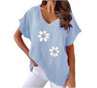 Camiseta Mujer Lino Algodón Manga Largo Camisa Blusa Ligero Verano Moda Casual Estampado de Flores Cómodo Suelto Cuello en V Tops T-Shirt Elegante Basic tee Talla Grande Transpirable