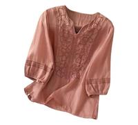 Camiseta Mujer Lino Manga 3/4 Algodón Elegante Camisetas Vintage Moda Color Liso Camisas Basicas Primavera Cuello en V Tops Verano Transpirable Talla Grande T-Shirt Casual para Oficina Fiesta