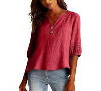 Camiseta Mujer Lino Manga 3/4 Algodón Primavera Camisas Vintage Moda Cuello en V Camisetas Basicas Transpirable con Botones T-Shirt Verano Elegante Talla Grande Tops Casual para Oficina Fiesta