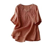 Camiseta Mujer Lino Manga 3/4 Basicas Primavera Camisetas Algodón Transpirable Cuello en V Camisas Vintage Elegante Color Liso Tops Verano Moda Talla Grande T-Shirt Casual para Oficina Fiesta