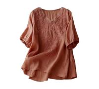 Camiseta Mujer Lino Manga 3/4 Basicas Transpirable Camisas Algodón Primavera Cuello en V Camisetas Verano Moda Color Liso Tops Casual Elegante Talla Grande T-Shirt Vintage para Oficina Fiesta