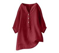 Camiseta Mujer Lino Manga 3/4 Casual Moda Camisetas Algodón Transpirable Cuello en V Tops Basicas Elegante con Botones T-Shirt Vintage Primavera Talla Grande Camisas Verano para Oficina Fiesta