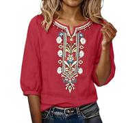 Camiseta Mujer Lino Manga 3/4 Verano Bordado Tops Algodón Primavera Cuello Redondo T-Shirt Basicas Elegante Color Liso Camisetas Vintage Moda Talla Grande Camisas Casual para Oficina Fiesta