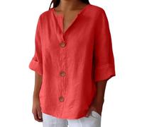 Camiseta Mujer Lino Manga 3/4 Vintage Primavera Camisas Casual Moda Cuello Redondo Camisetas Algodón Transpirable con Botones Tops Verano Elegante Talla Grande T-Shirt Basicas para Oficina Fiesta