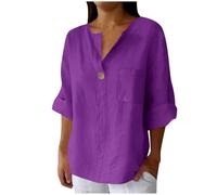 Camiseta Mujer Manga Corta Algodón y Lino Verano Blusas Manga 3/4 Basicas Tallas Grandes Elegantes Ropa Mujer Verano 2025 Camisetas Cuello V Suelto Básica Tops Mis Pedidos Realizados(Púrpura,L)