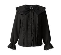 Camiseta Mujer Manga Corta Blusa de Manga Larga Japonesa con Elegante y Volantes para un Estilo Casual y Moderno (Black, L)