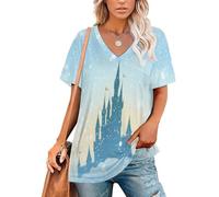Camiseta Mujer Manga Corta Cuello en V, Castillo De Invierno De Ensueño Camiseta Básica de Verano Ilustraciones De Cuentos De Hadas Ligera Ablandado Casual Tops Cómoda Loose Blusas