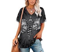 Camiseta Mujer Manga Corta Cuello en V Constelación De La Polilla Camiseta Básica de Verano Brujería Mística T Shirt de Ligera de Ablandado con Hombro Caído