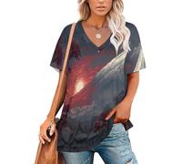 Camiseta Mujer Manga Corta Cuello en V Puesta De Sol En El Pueblo del Monte Fuji Camiseta Básica de Verano Estilo Anime Japonés T Shirt de Ligera de Ablandado con Hombro Caído