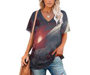 Camiseta Mujer Manga Corta Cuello en V Puesta De Sol En El Pueblo del Monte Fuji Camiseta Básica de Verano Estilo Anime Japonés T Shirt de Ligera de Ablandado con Hombro Caído
