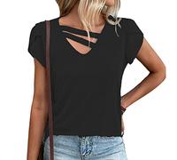 Camiseta Mujer Manga Corta Cuello V Corto Verano Tops Sólido Mangas Cortas Top de Mangas Abullonadas