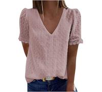 Camiseta Mujer Manga Corta Encaje Camisa Gasa Verano Color sólido Moda Cuello en V Suelto Túnica Tops Casual Elegante Fiesta T-Shirt Original Cómodo Basic Blusa tee Camisetas 2025