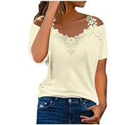 Camiseta Mujer Manga Corta Encaje Moda Camisa un Hombro Verano Suelto Cuello en V Túnica Tops Sexy Casual Fiesta T-Shirt Blusa Elegante Original Basic tee Camisetas Talla Grande 2025