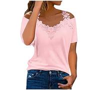 Camiseta Mujer Manga Corta Encaje Moda Camisa un Hombro Verano Suelto Cuello en V Túnica Tops Sexy Casual Fiesta T-Shirt Blusa Elegante Original Basic tee Camisetas Talla Grande 2025