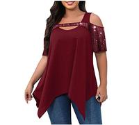 Camiseta Mujer Manga Corta Lentejuelas Moda Camisa un Hombro Verano Talla Grande Suelto Cuello en V Túnica Tops Sexy Casual Fiesta T-Shirt Blusa Elegante Irregular Hem tee Camisetas 2025