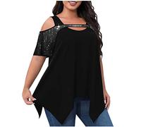 Camiseta Mujer Manga Corta Lentejuelas Moda Camisa un Hombro Verano Talla Grande Suelto Cuello en V Túnica Tops Sexy Casual Fiesta T-Shirt Blusa Elegante Irregular Hem tee Camisetas 2025