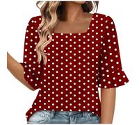 Camiseta Mujer Manga Corta Volante Camisa Casual Moda Verano Estampado de Lunares Elegante Cuello Cuadrado Suelto Túnica Tops Algodón Fiesta Tshirt Cómodo Blusa Oficina tee Camisetas 2025