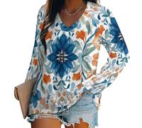 Camiseta Mujer Manga Larga Básica Top Patrón Floral De Acuarela Slim Fit Cuello En V Suave Patrón De Mosaico Geométrico Complejo Elástica Ligera Casual Pullover Túnica Azul